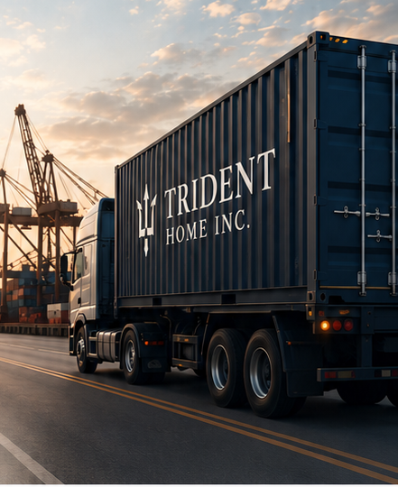Trident Home Inc. container truck at an international shipping port